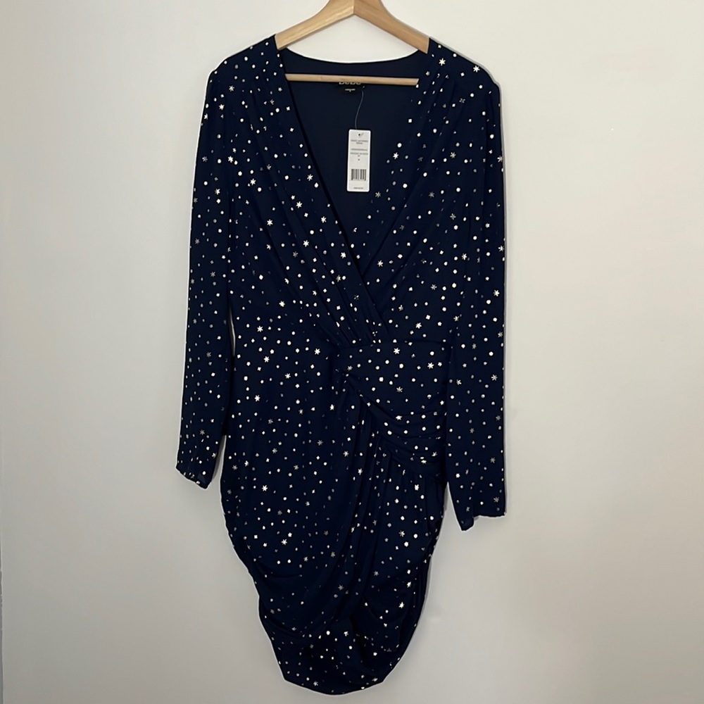 BEBE, Med Navy Blue Grace Gathered Dress w/ Gold Star Details, Never Worn Before